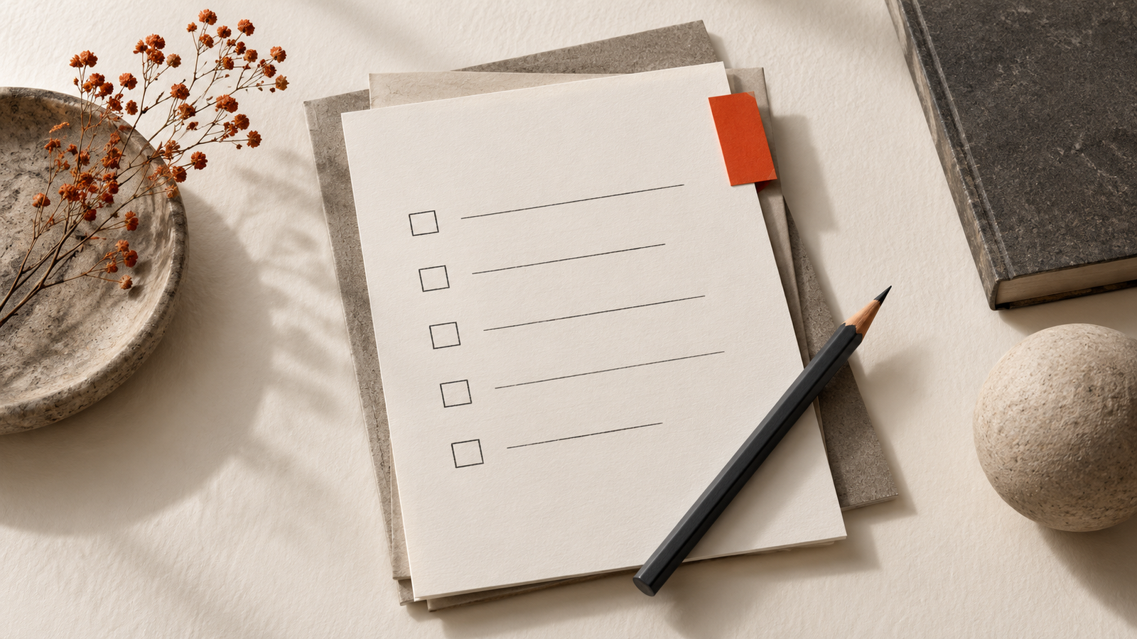 A paper checklist with a pencil and an orange tab